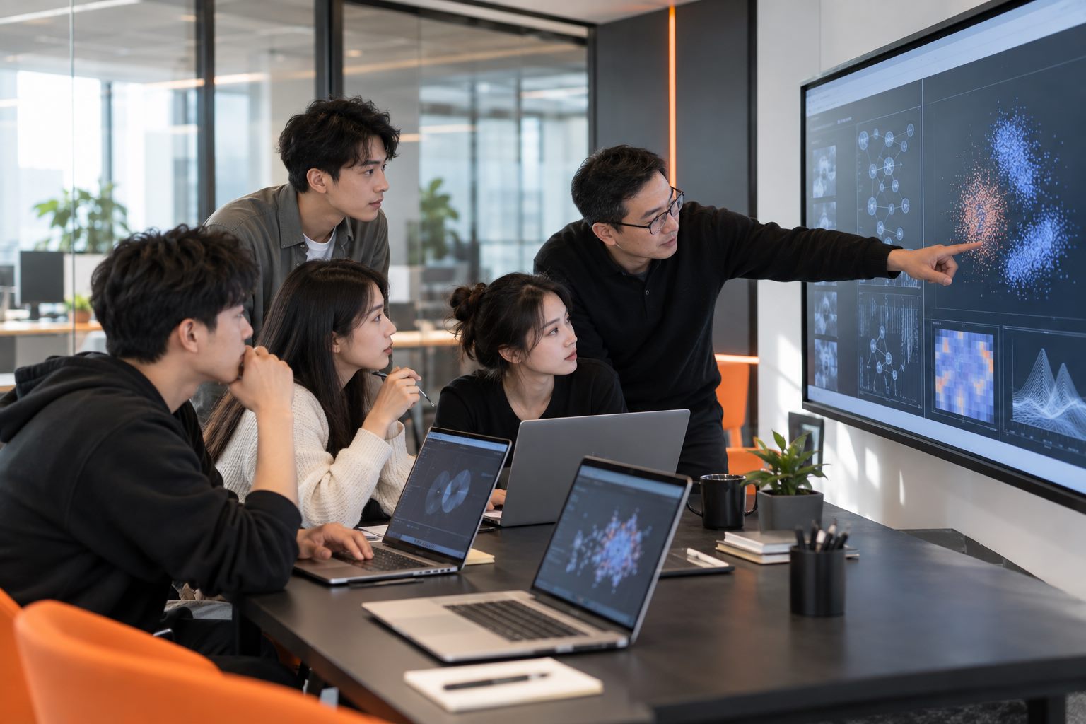 学员与导师共同查看代码和模型结果的AI项目实训场景示意